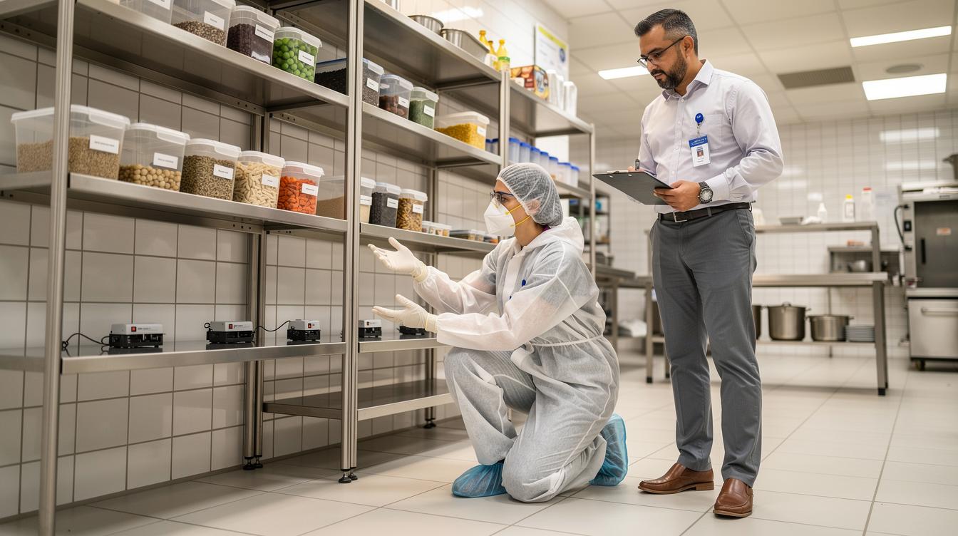 Une technicienne en combinaison de protection dispose des pièges sécurisés sous des étagères d'un restaurant moderne et propre, tout en expliquant le protocole à un responsable sur place.