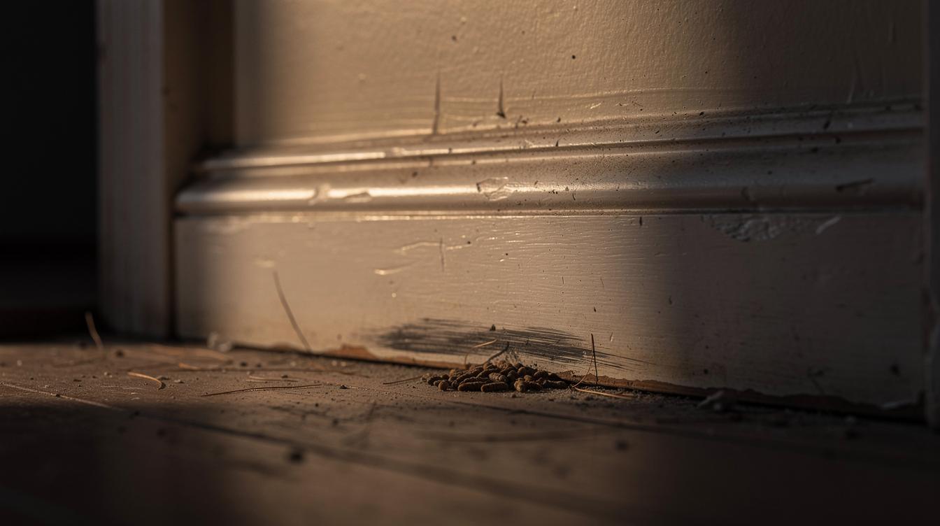 Une plinthe d'appartement avec une trace sombre et un petit tas de déjections, sous une lumière tamisée du soir, évoquant la présence discrète mais tangible de rongeurs.