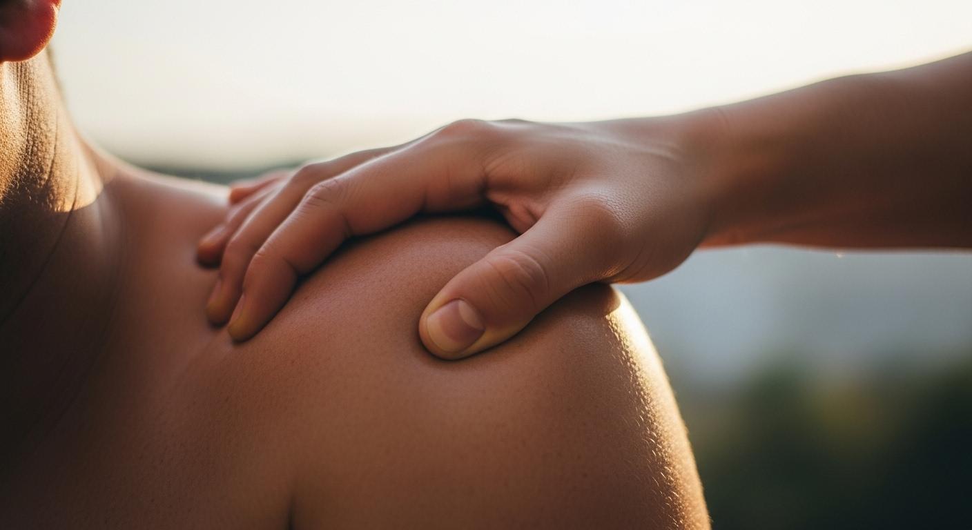 Une main masse lentement une épaule tendue, la lumière douce d’une fin de journée éclaire la peau, l’ambiance est calme et apaisante, tout évoque détente et relâchement musculaire après un effort