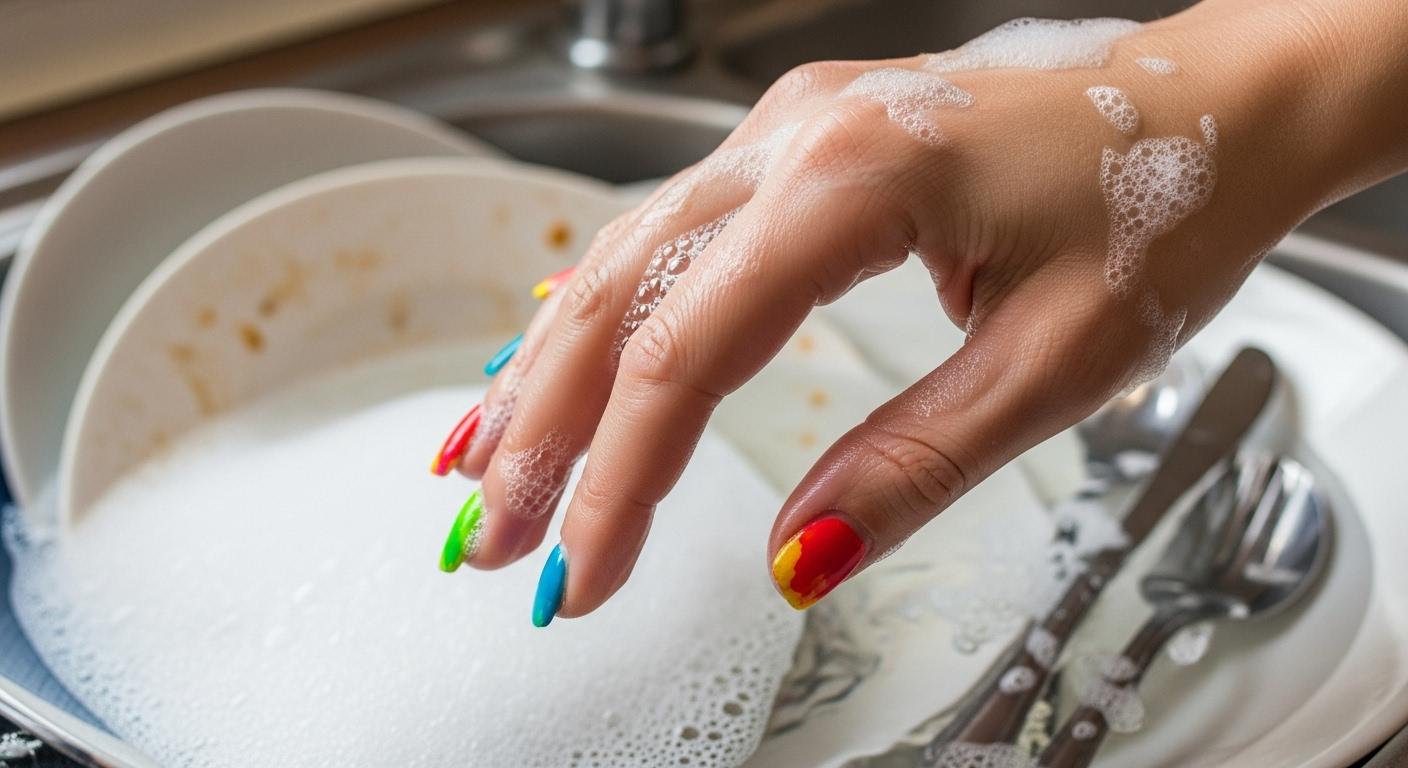 Une main féminine plongée dans un évier rempli de vaisselle et d’eau savonneuse, sans aucun gant, avec un vernis coloré commençant à s’écailler sur les ongles.