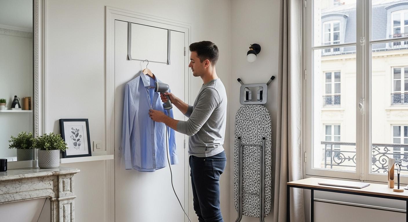Un jeune actif dans un petit appartement parisien utilise un appareil vapeur compact pour défroisser une chemise suspendue, tandis qu'une table à repasser plie contre un mur, illustrant le gain de place et de temps.