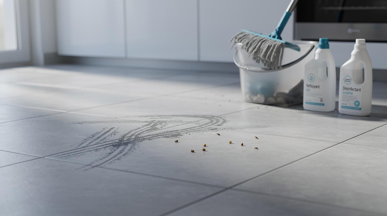 Des traces sombres et des petits excréments visibles sur le carrelage d'une cuisine moderne, avec une serpillière et des produits d'entretien posés dans un coin, lumière du matin filtrant par la fenêtre.