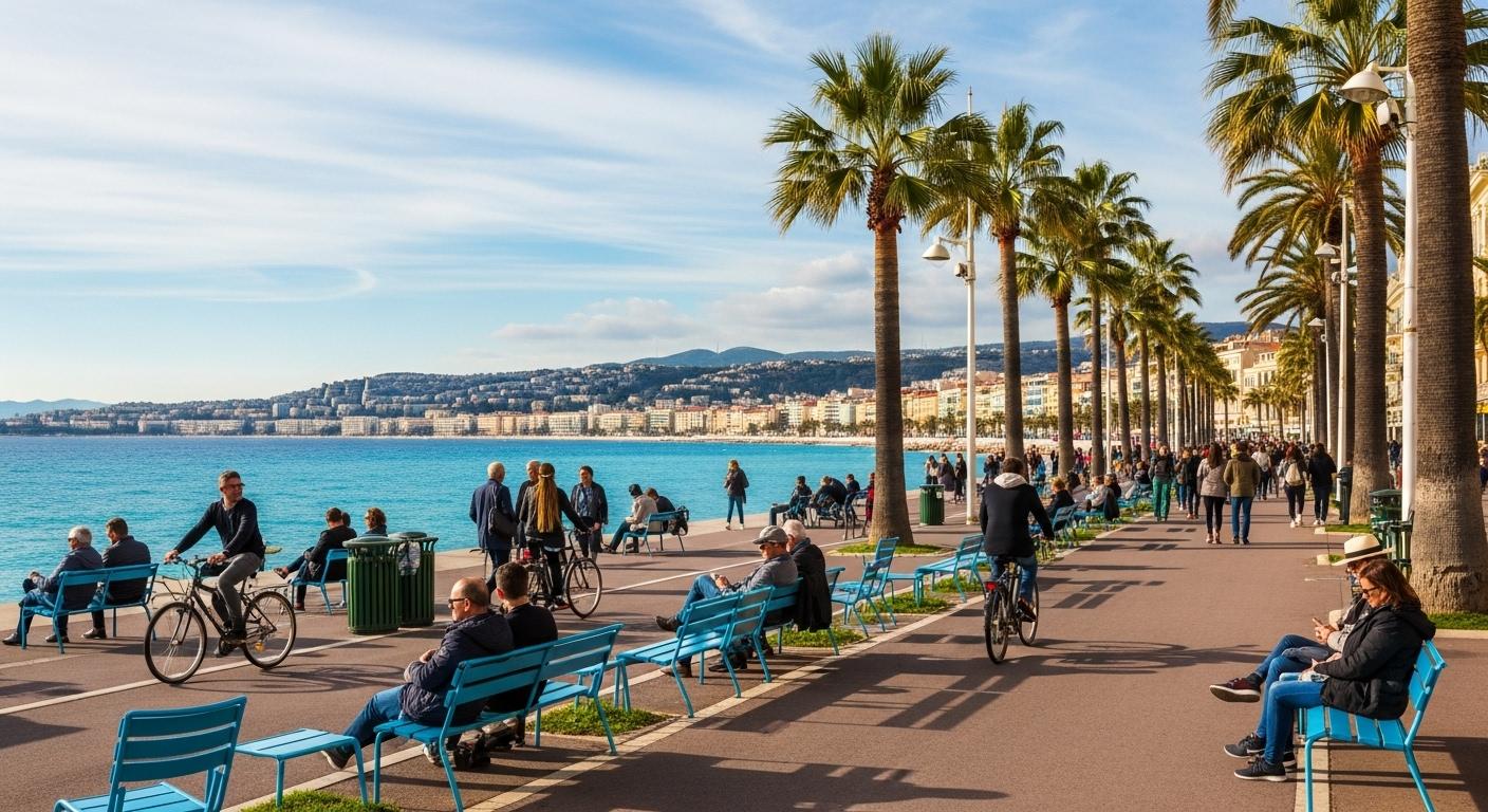 La Promenade des Anglais à Nice, baignée de soleil, bordée de palmiers et animée par des promeneurs face à la mer Méditerranée d’un bleu éclatant.