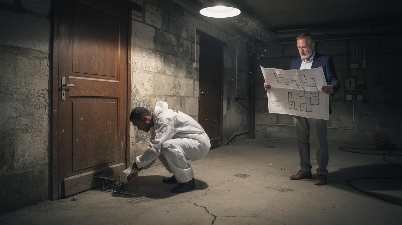 Un technicien en combinaison blanche installe un piège à rats près de la porte d’une cave sombre dans un immeuble ancien de Rosny-sous-Bois pendant qu’un propriétaire observe, un plan détaillé de l’immeuble à la main.