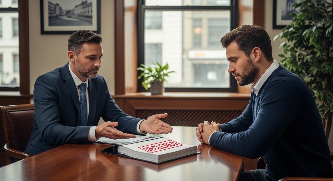 Un conseiller bancaire explique à un client, assis en face de lui dans un bureau de banque, qu’il ne peut pas obtenir de crédit, avec un dossier de demande refusé posé sur la table et le client affichant une expression déçue.