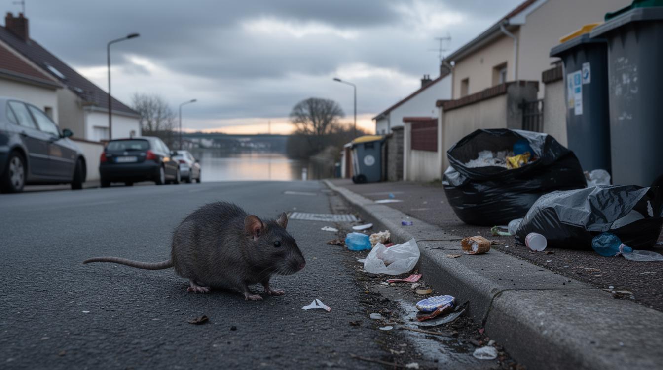 Scène matinale dans une rue tranquille de Vaux-le-Pénil, des poubelles débordent sur le trottoir, un gros rat traverse la chaussée près des sacs d'ordures, la Seine visible en arrière-plan sous un ciel nuageux.