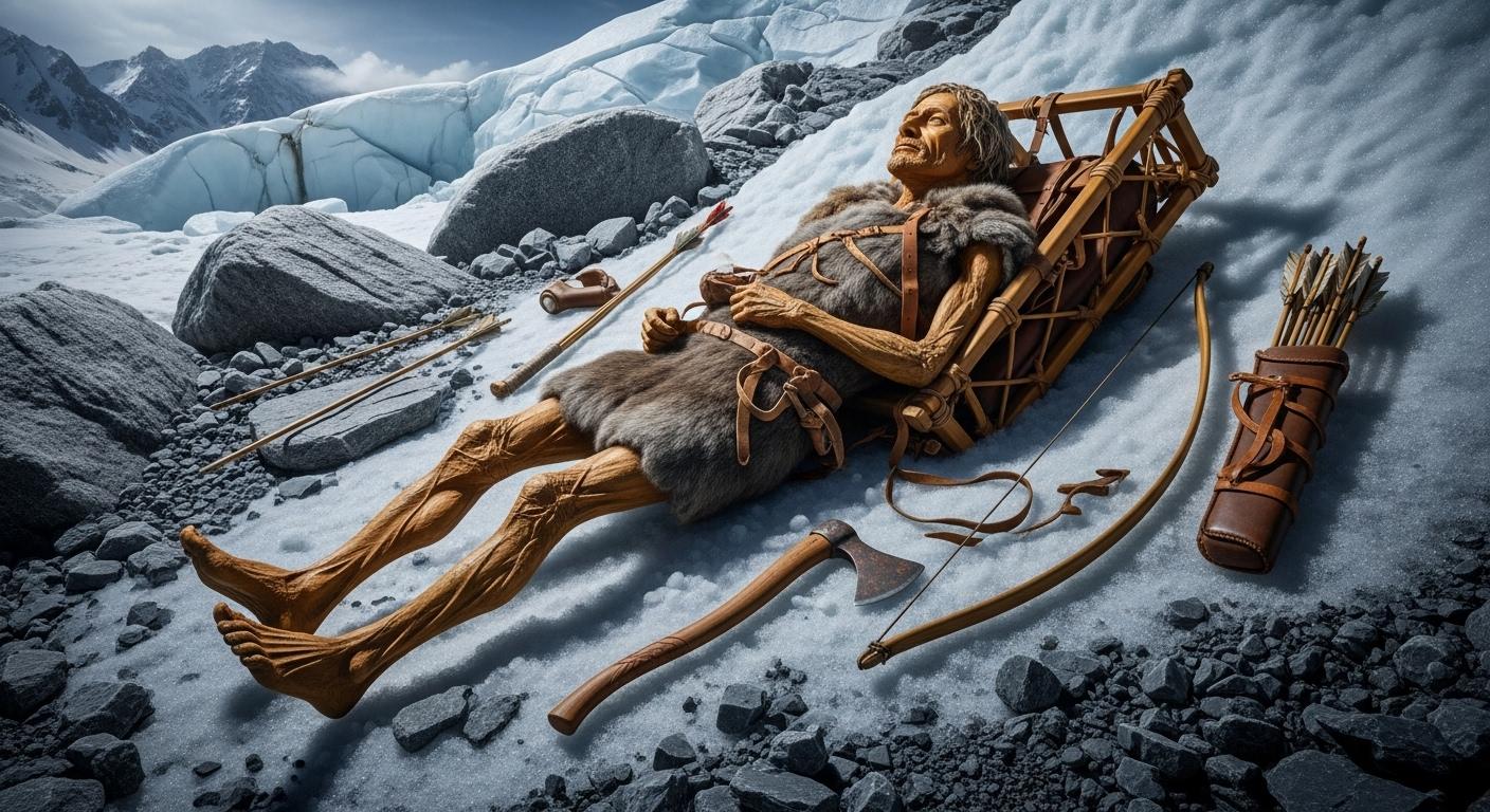 Découverte d’Ötzi, l’homme des glaces, dans les Alpes italiennes, allongé avec son équipement comprenant un cadre en bois et des lanières de cuir, vestiges datant de plus de 5 000 ans.
