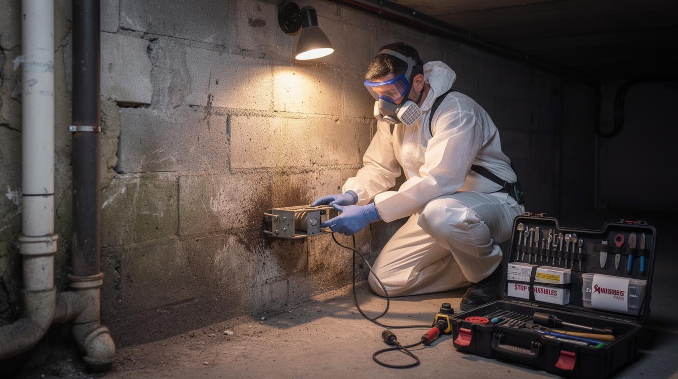 Un technicien Stop Nuisibles Paris, en combinaison de protection, installe un piège mécanique près d’un mur de cave dans un immeuble résidentiel de Gagny, la scène montre l’attention portée à la sécurité et la précision du geste.