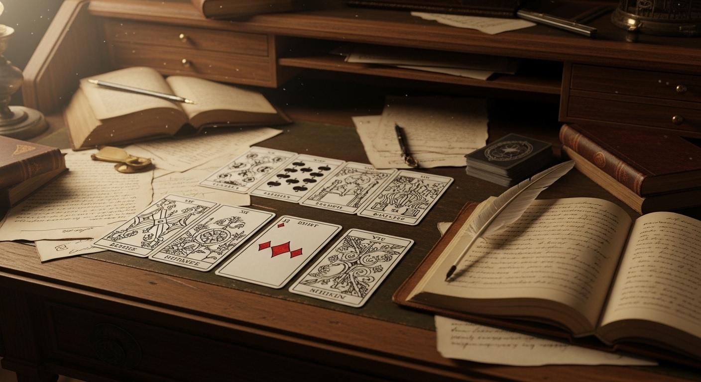 Sur un bureau ancien couvert de papiers et de vieux livres, un tirage de cartes avec le 8 de carreau en évidence, à côté d’une plume et d’un carnet annoté, évoque la tradition cartomancienne à travers les siècles.