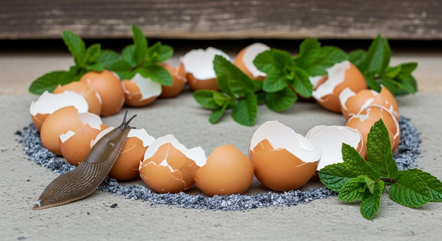 Des coquilles d’œufs écrasées forment un cercle protecteur sur le seuil d’une porte d’entrée, au pied duquel une limace tente de passer, entourée de brins de menthe et d’un cordon de cendre.