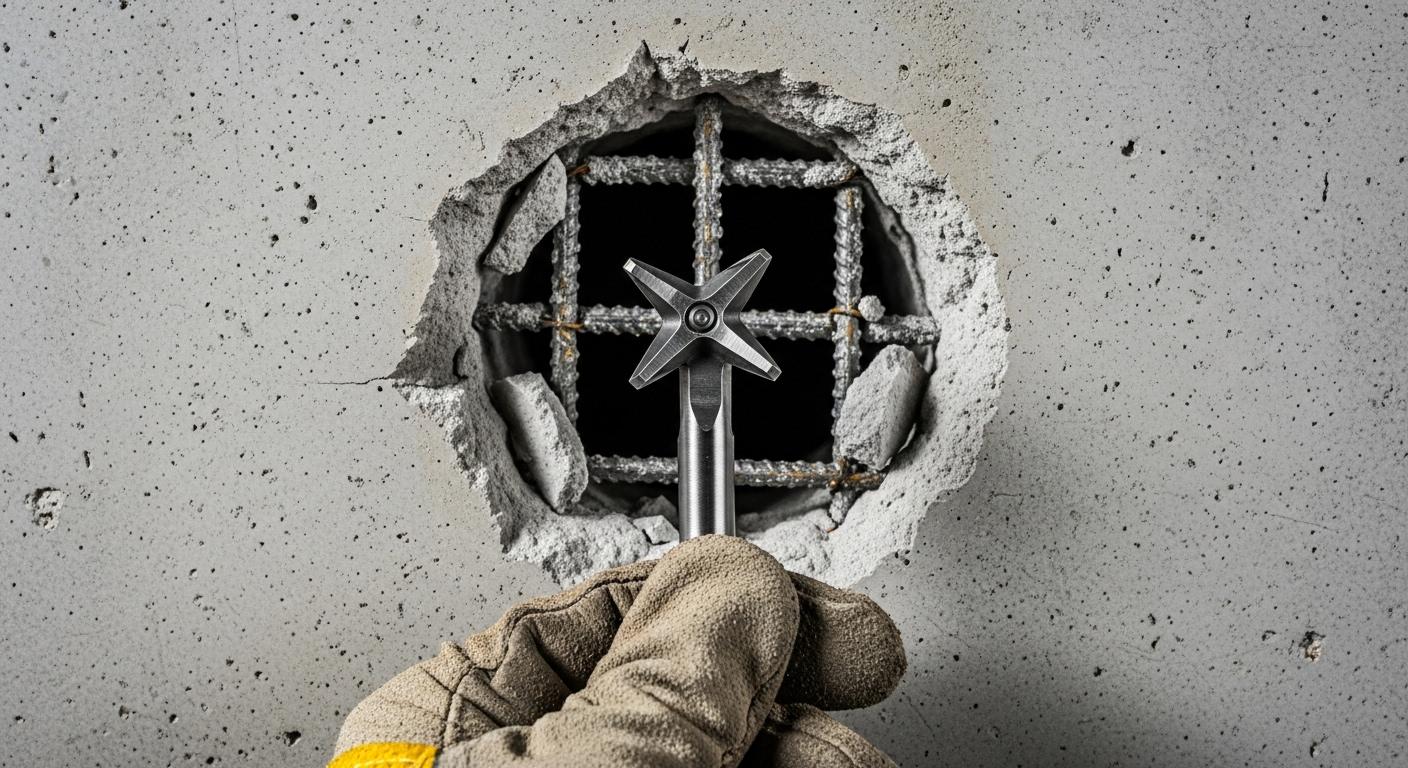 Gros plan sur une main gantée tenant une mèche à quatre taillants devant un mur de béton, avec des éclats de béton et de petits morceaux d’acier révélés par un trou net dans la paroi.