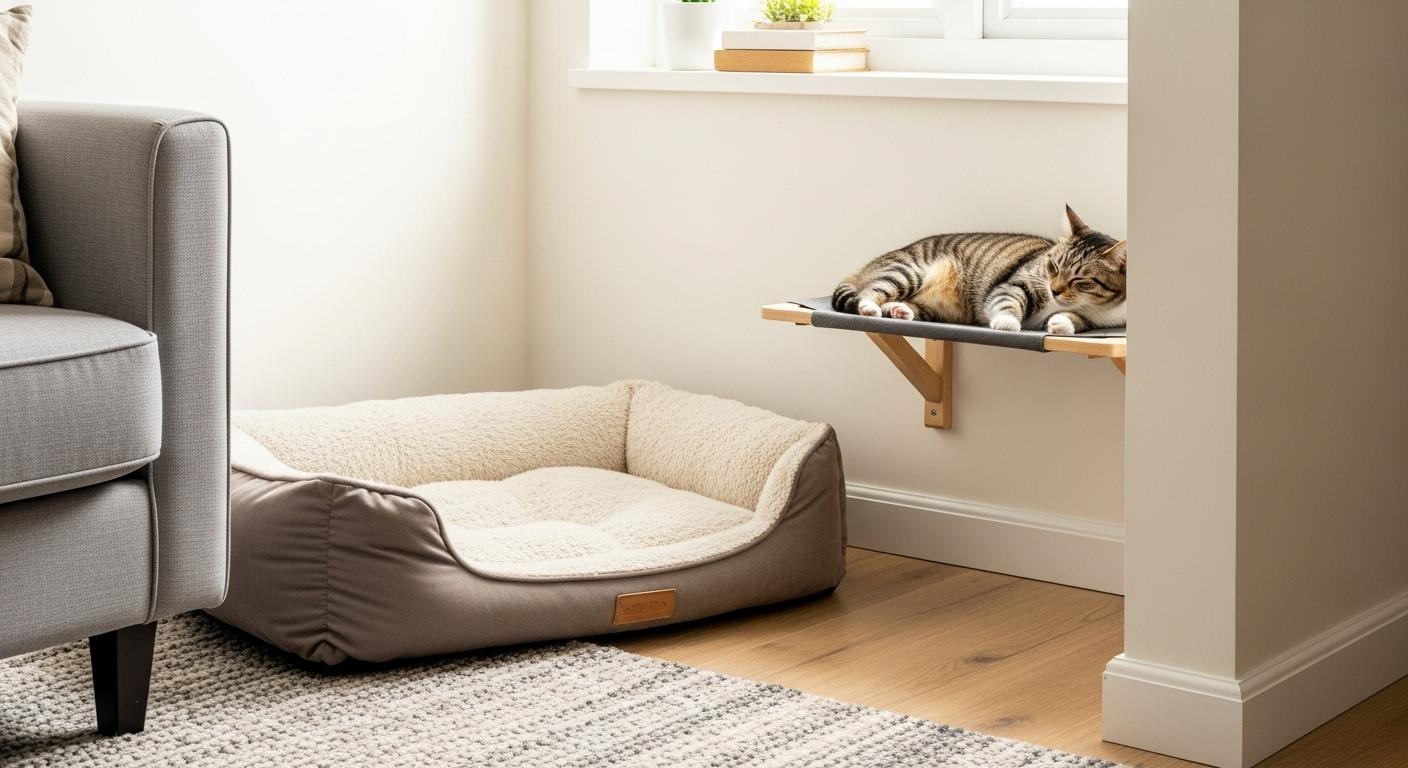 Un coin sommeil composé d’un grand panier moelleux pour chien posé sur un tapis, avec à côté une petite étagère en hauteur sur laquelle un chat s’est installé, le tout dans un recoin lumineux et paisible d’un salon, sans obstacle autour.