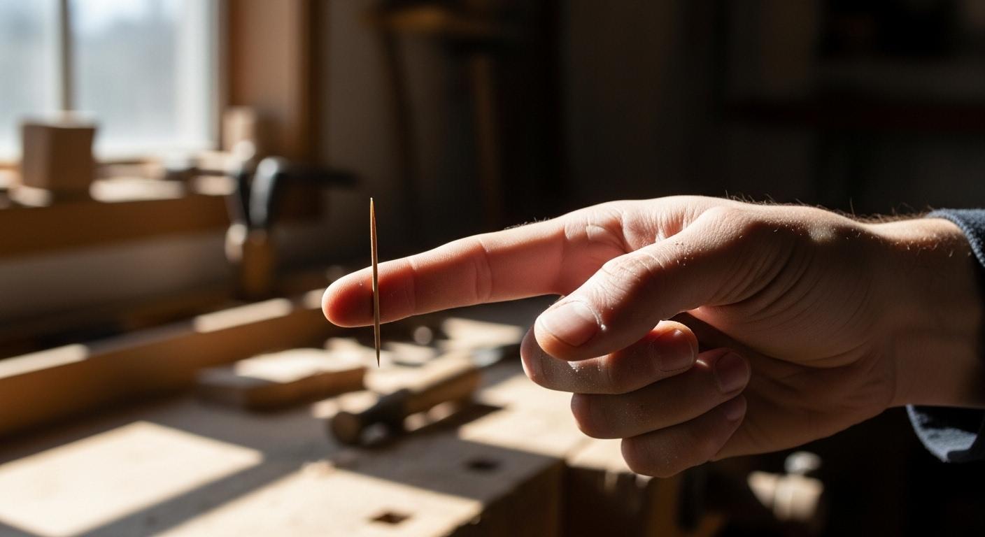Une main nue tenant un morceau de bois, avec une écharde enfoncée sous l’ongle, dans un atelier de bricolage éclairé par la lumière du jour.