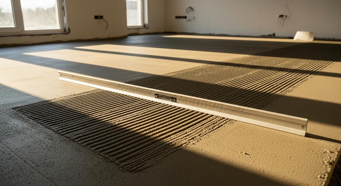 Un sol fraîchement préparé, lisse et uniforme, avec des bandes visibles de mortier étalé, une règle de maçon posée à côté et une lumière douce traversant la pièce, évoquant la fin d’un chantier de rénovation.