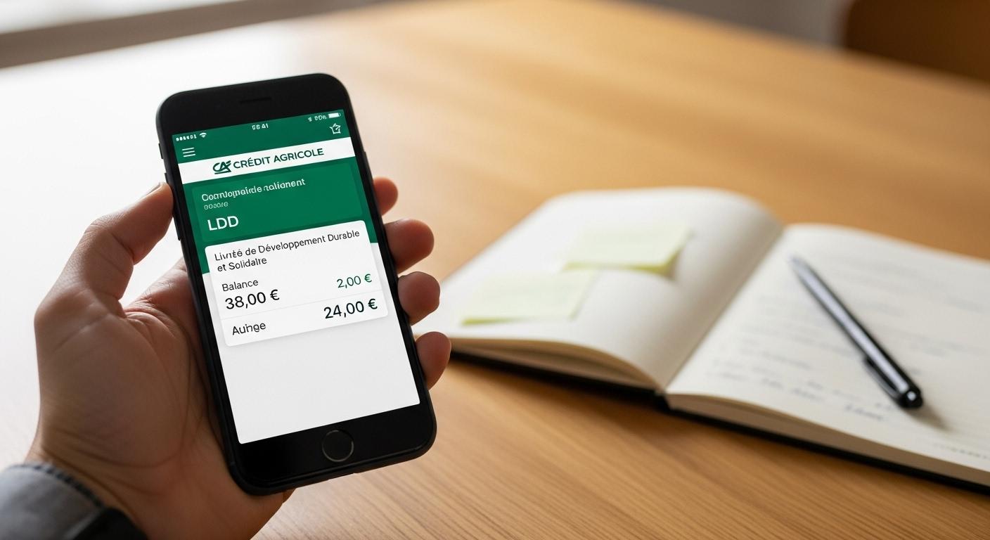 Une main tenant un smartphone ouvert sur l’application bancaire Crédit Agricole, affichant le solde d’un LDD, avec en arrière-plan une table de cuisine et un carnet papier posé à côté.