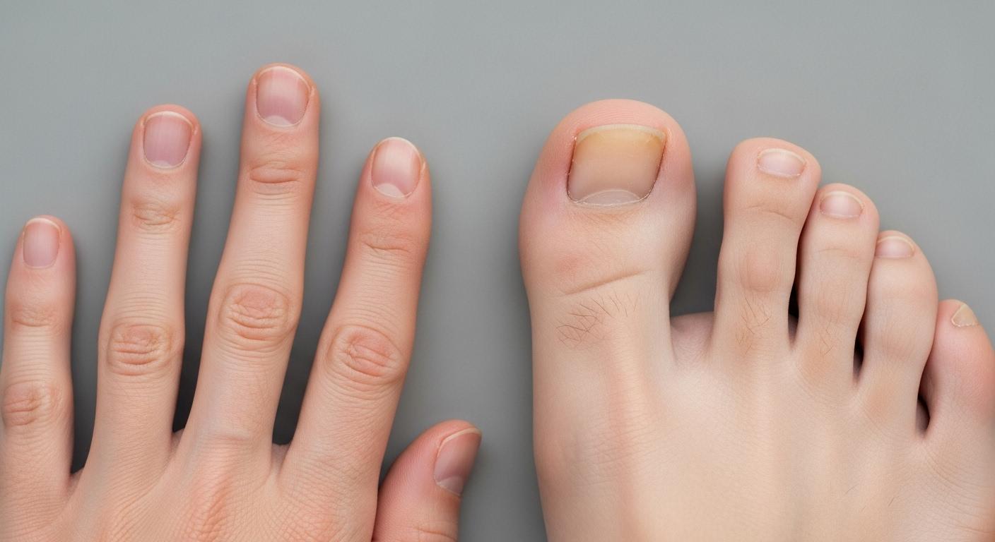 Une main et un pied côte à côte, montrant visiblement un ongle de la main sain et un ongle d’orteil en cours de repousse, avec une différence nette de longueur et d’aspect entre les deux.
