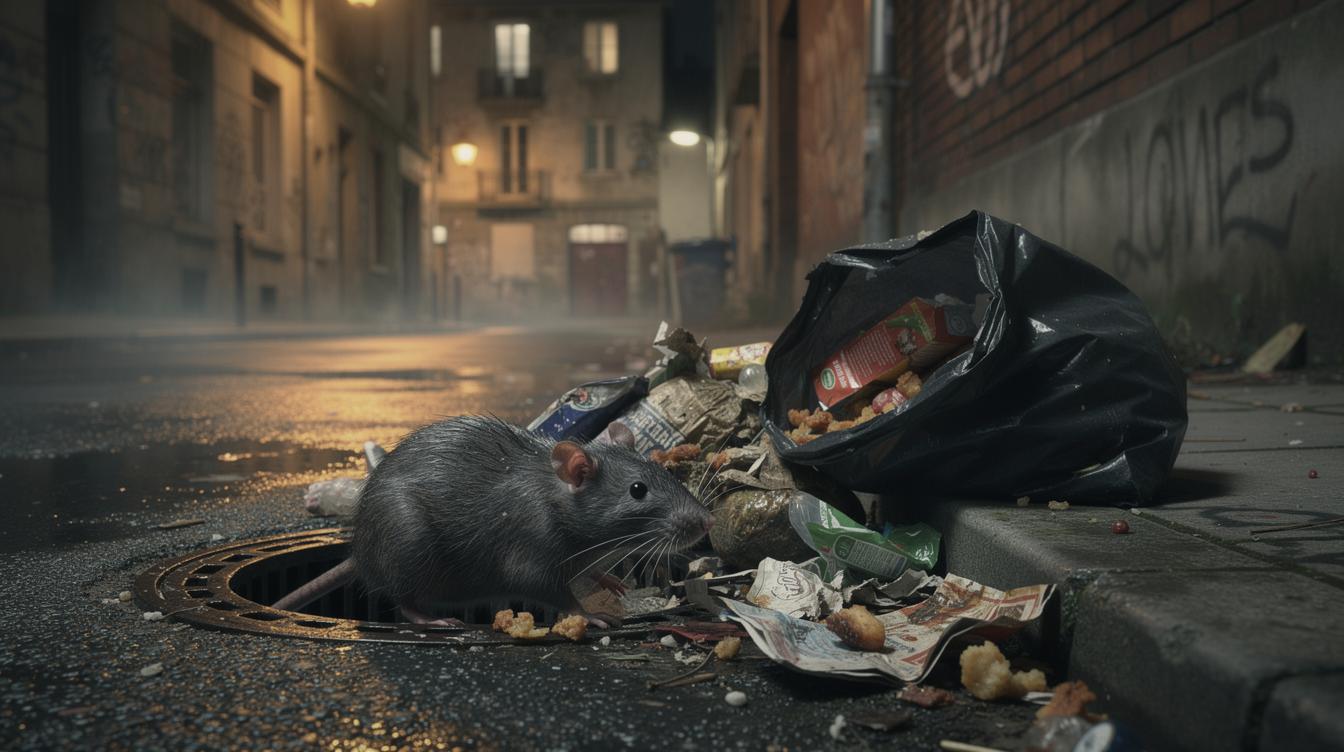 Un rat gris surgit d'un amas de détritus près d'une bouche d'égout dans une ruelle humide de L'Île-Saint-Denis, l'arrière-plan montre des immeubles anciens et faiblement éclairés, un sac-poubelle éventré répand son contenu sur le trottoir.