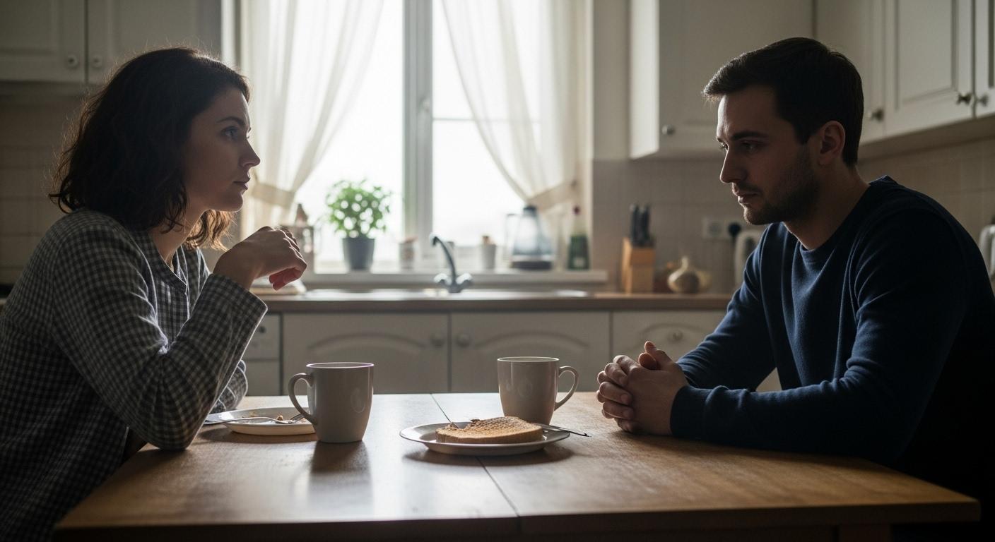 Un couple assis à la table d’une cuisine, se regardant à peine, plongé dans un silence tendu avec des tasses de café froid devant eux