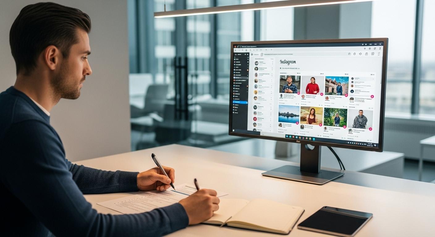 Un professionnel regarde attentivement des stories Instagram sur un écran, dans un bureau moderne, tout en prenant des notes sur une feuille, illustrant la veille concurrentielle réalisée en toute discrétion.