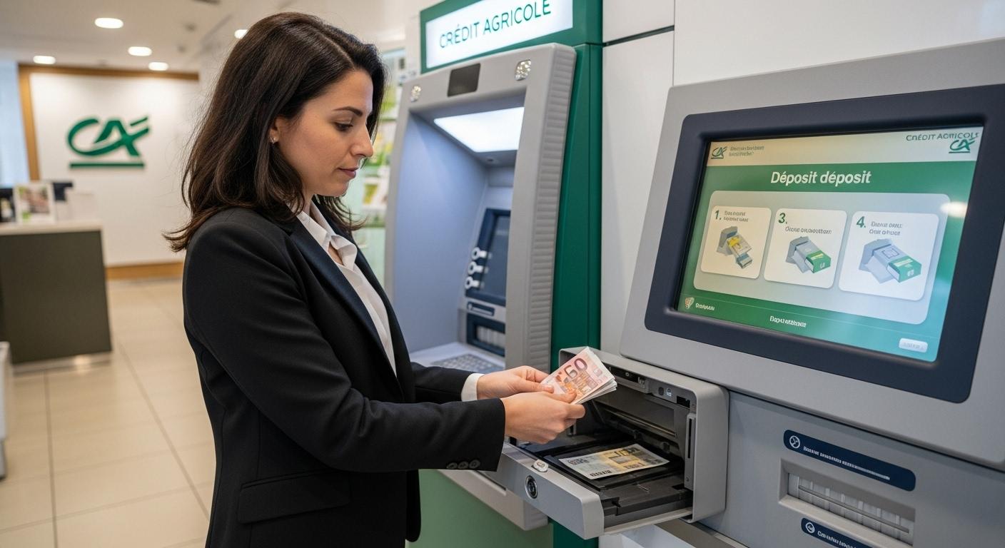Un client debout devant un automate bancaire Crédit Agricole, insère soigneusement des billets dans le compartiment ouvert, l’écran lumineux affichant les instructions, dans un espace propre et bien éclairé d’une agence.