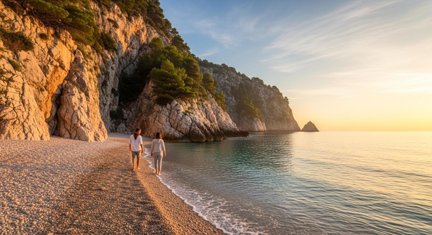 Une crique isolée à l’aube sur l’île de Vis, avec une petite plage de galets entourée de falaises, une mer turquoise calme et deux voyageurs marchant pieds nus sur le rivage, baignés dans la lumière dorée du matin.