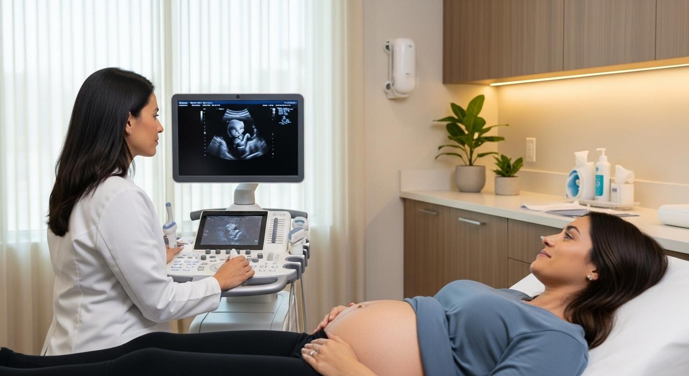 Un médecin réalise une échographie sur le ventre d’une femme enceinte, l’écran affiche l’image d’un fœtus à six mois, dans une salle d’examen moderne et apaisante.