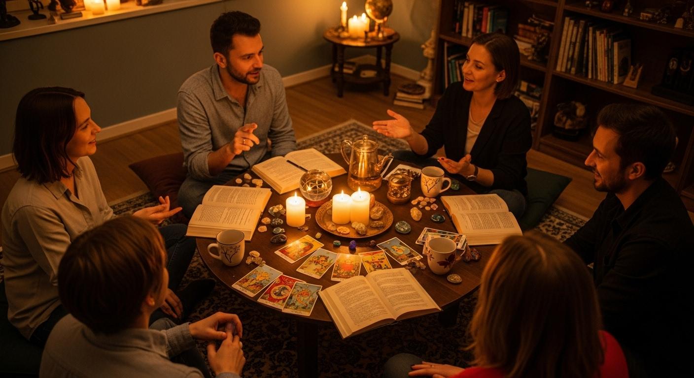 Un petit groupe de personnes assises en cercle, échangeant dans une pièce chaleureuse, avec des livres ouverts, des cartes de tarot sur la table et une ambiance de partage bienveillante.