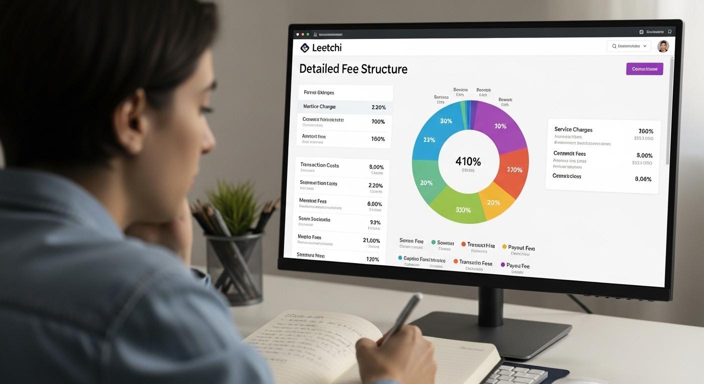 Un écran d'ordinateur affichant le détail des frais Leetchi, avec un graphique coloré montrant la répartition des commissions et un utilisateur, l’air perplexe, prenant des notes sur un carnet.