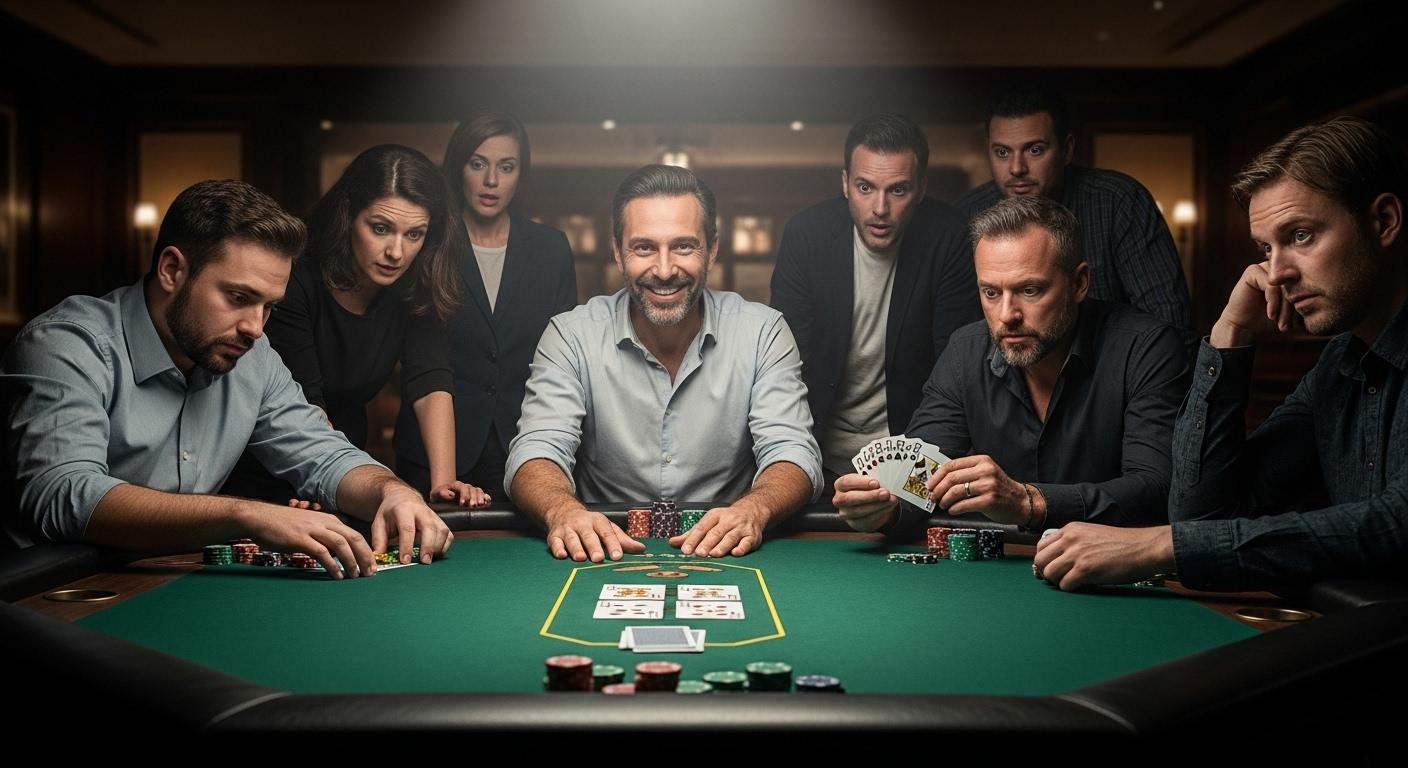 Une salle de poker éclairée, des joueurs concentrés autour d’une table verte, un joueur nommé Jean souriant fièrement alors qu’il dévoile une quinte, les spectateurs debout et surpris tandis qu’un adversaire fixe ses cartes de couleur avec stupéfaction.