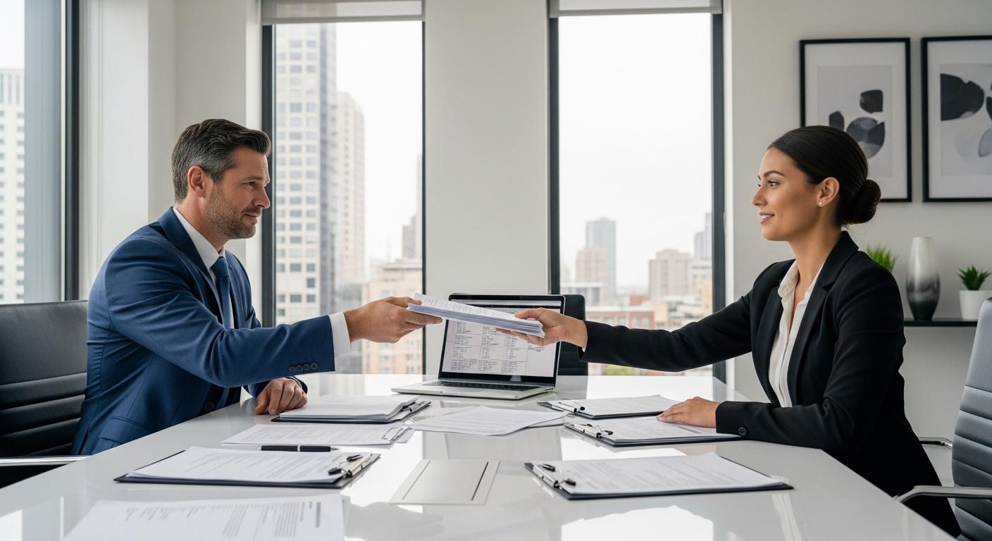 Un chef d'entreprise assis à son bureau, tendant une pile de factures à un représentant d'une société d'affacturage, tous deux entourés de documents officiels dans une salle de réunion moderne.