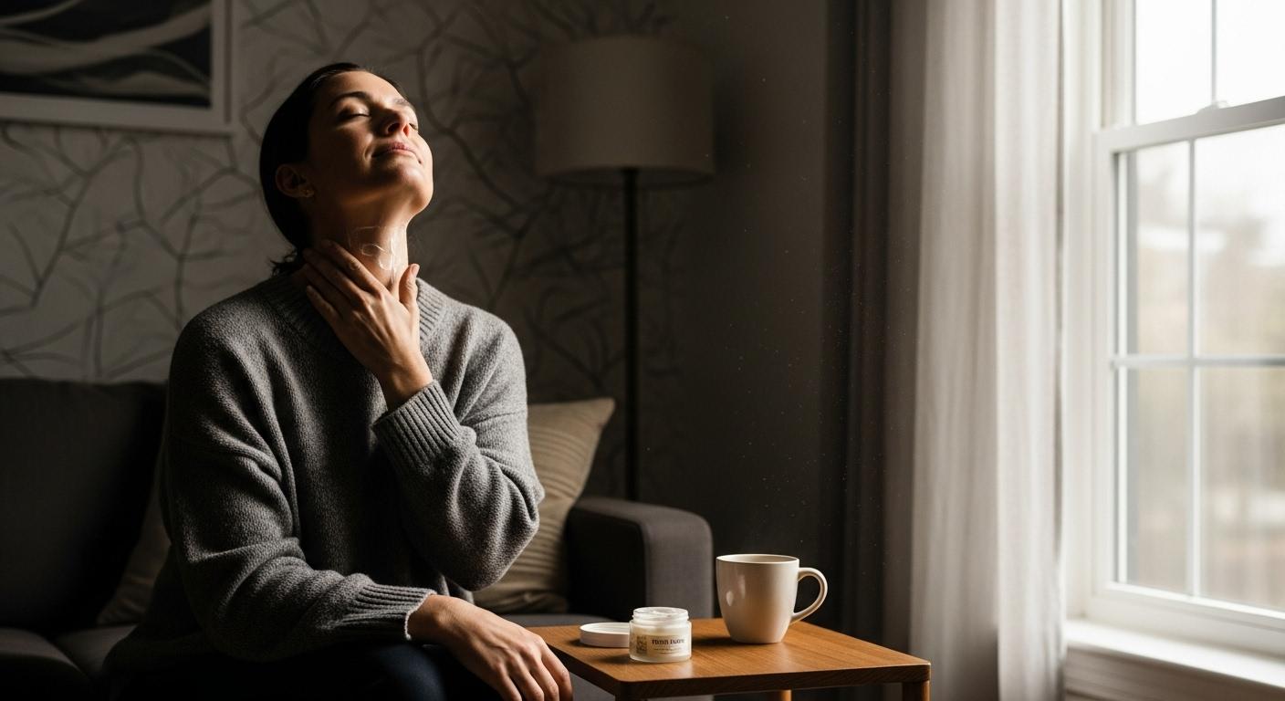 Une personne assise dans un salon faiblement éclairé, se massant lentement la nuque avec une crème, l’air soulagé, tandis qu’une lumière douce filtre à travers les rideaux, créant une ambiance de calme et de détente.