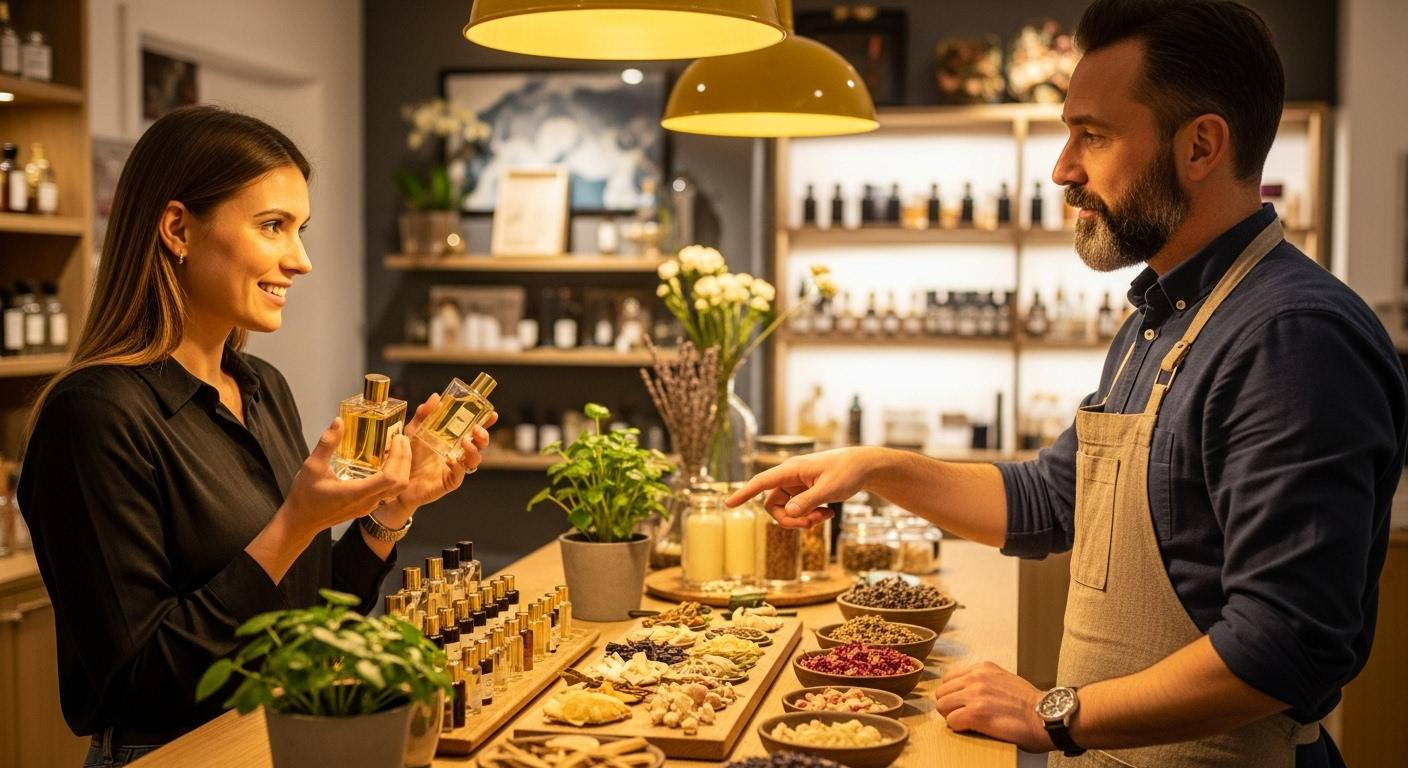 Dans une boutique chaleureuse, une jeune femme souriante tient deux flacons de parfum dans ses mains, face à un vendeur qui lui explique avec passion, sur le comptoir des pots de fleurs et des échantillons de matières naturelles, une atmosphère conviviale et authentique.