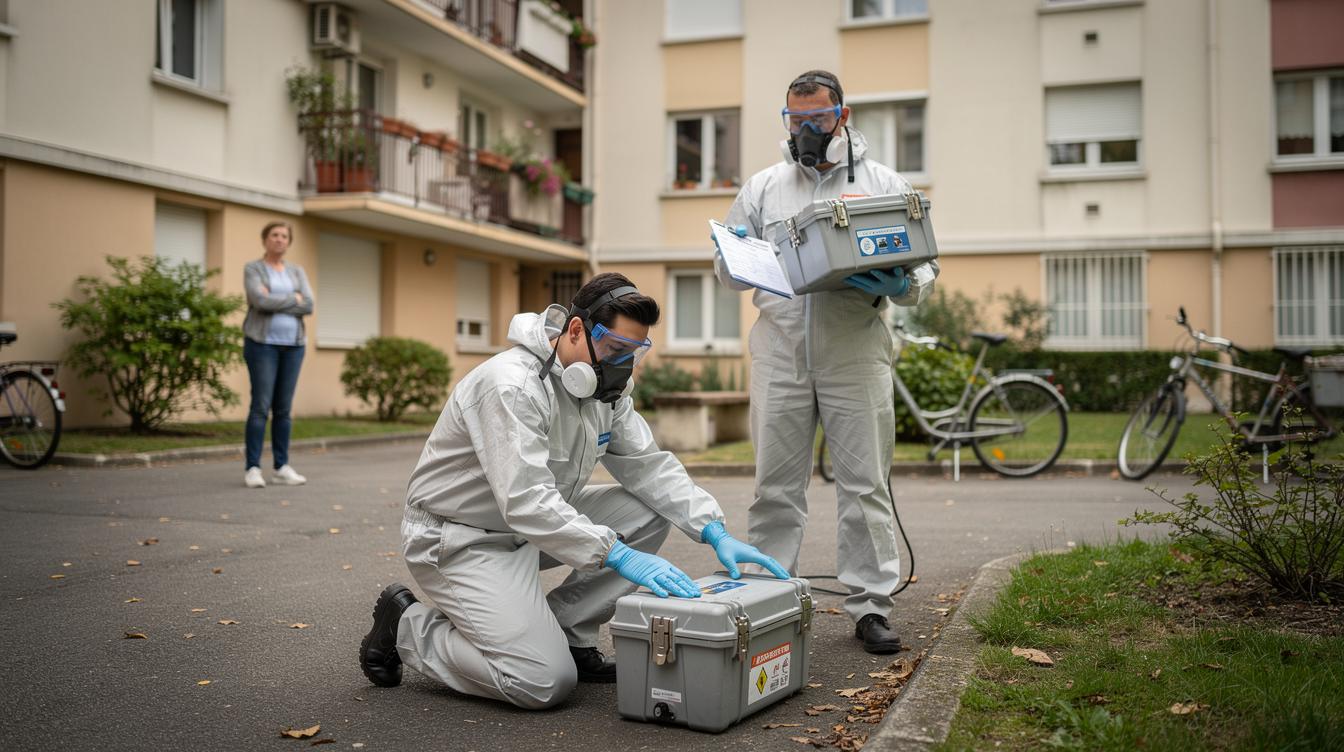 Deux techniciens en combinaison, masques et gants, interviennent dans la cour d'un immeuble collectif à Choisy-le-Roi, manipulant des boîtes sécurisées pour la dératisation, sous l'œil attentif d'un résident