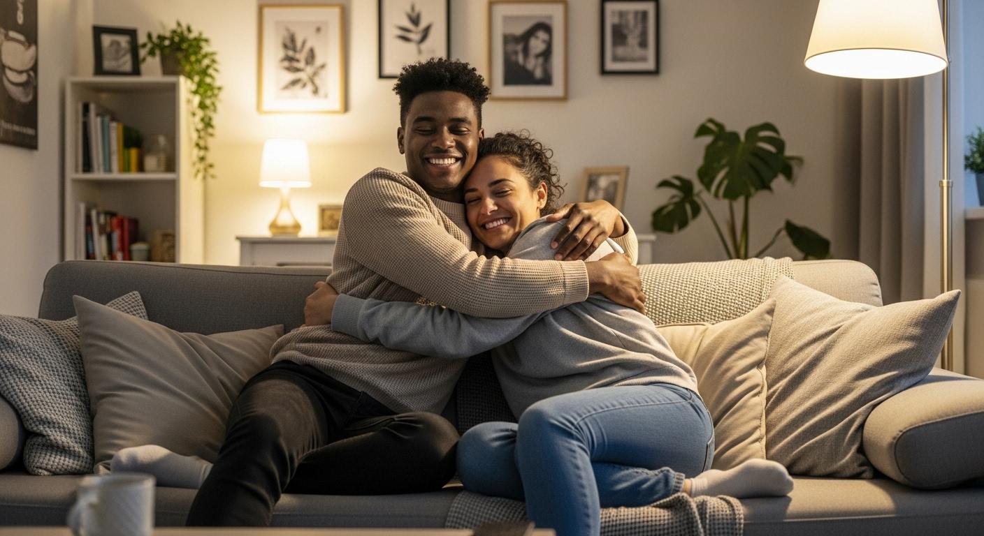 Deux amis assis sur un canapé, l’un tenant l’autre dans ses bras lors d’un câlin chaleureux, tous deux souriants et détendus dans une ambiance conviviale d’appartement