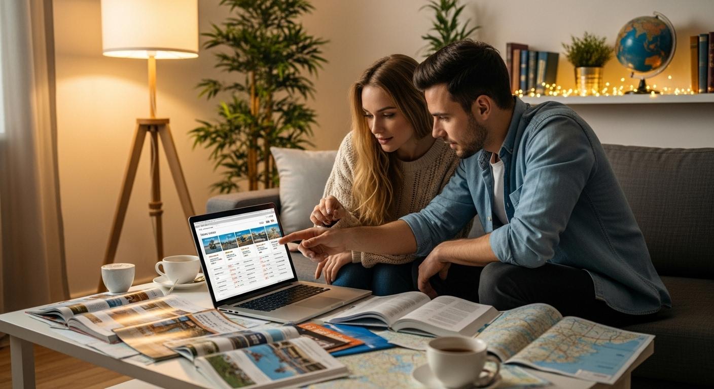 Un couple consulte un ordinateur portable et compare des offres de voyage avantageuses, entouré de brochures et de cartes, dans une ambiance chaleureuse de salon.