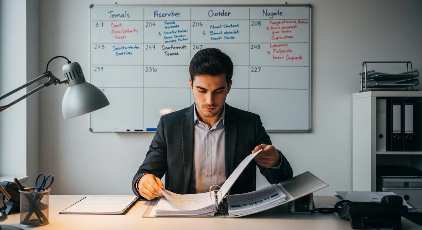 Un employé seul devant un tableau blanc rempli de dates et de rappels, feuilletant un classeur débordant de documents, dans un petit bureau d’entreprise, ambiance studieuse et attentive