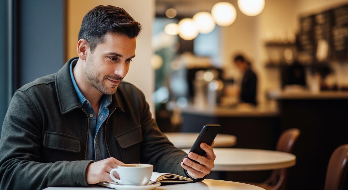 Un homme assis seul à une table de café, le regard fixé sur son téléphone dans la main, un léger sourire naissant sur ses lèvres après avoir lu un message inattendu.