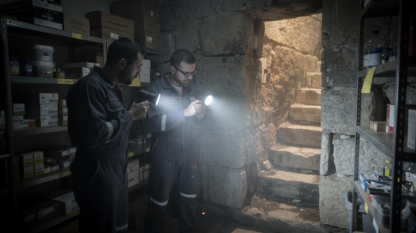 Deux techniciens en combinaison inspectent minutieusement la réserve sombre d'un commerce à Vaux-le-Pénil, lampes à la main, révélant une ouverture discrète vers une cave en pierre ancienne.