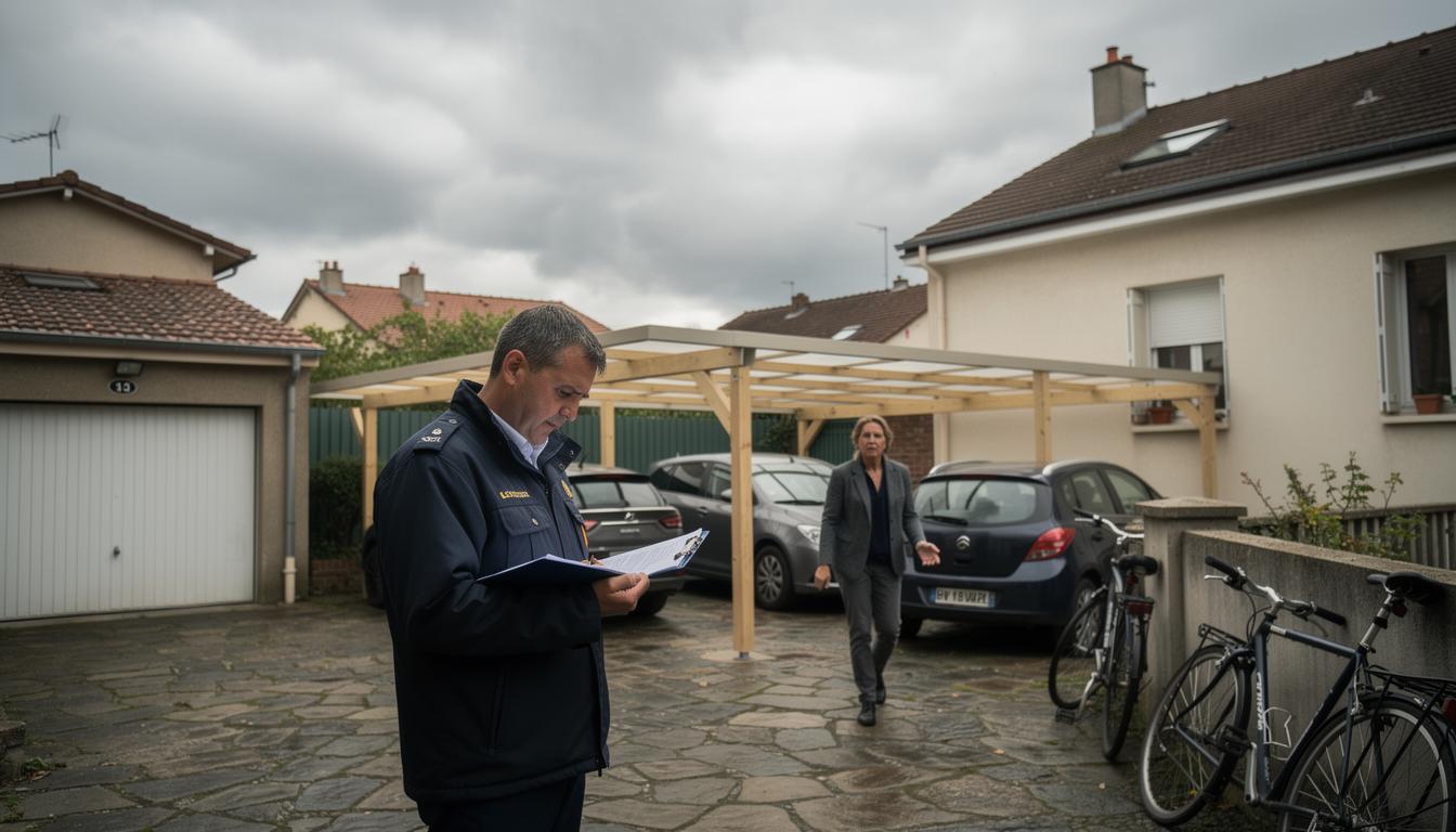 Un agent municipal examine une cour résidentielle où un carport neuf vient d'être installé