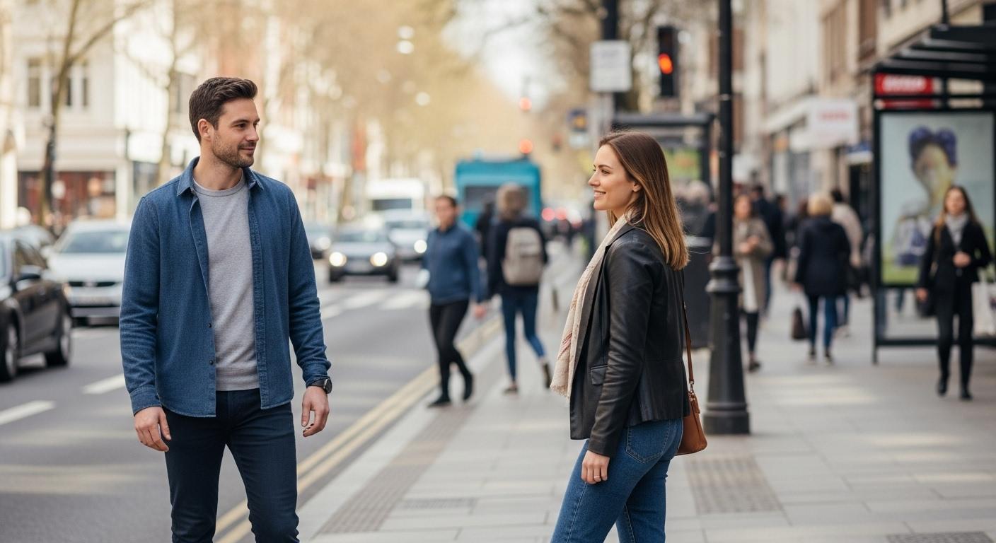 Un homme s'approche d'une femme dans la rue par le côté, maintenant une distance respectueuse d'environ 1,50 mètre, tous deux adoptant une posture ouverte et détendue, la scène se déroule en plein jour dans un espace public animé.