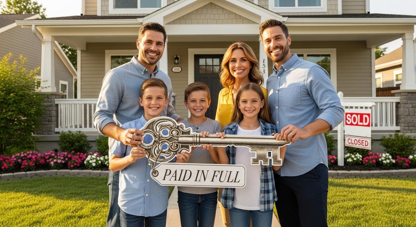 Une famille souriante devant leur maison fraîchement acquittée, tenant symboliquement la clé de leur porte d’entrée, exprimant un soulagement et une fierté après le remboursement anticipé du crédit immobilier.