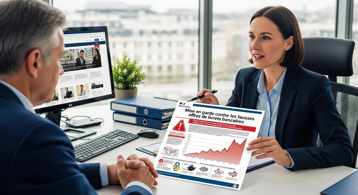 Un conseiller financier assis à son bureau, montrant à un client des documents officiels de la Banque de France mettant en garde contre les fausses offres de livrets bancaires, avec des visuels d'alertes rouges et des graphiques pointant l'augmentation des fraudes.