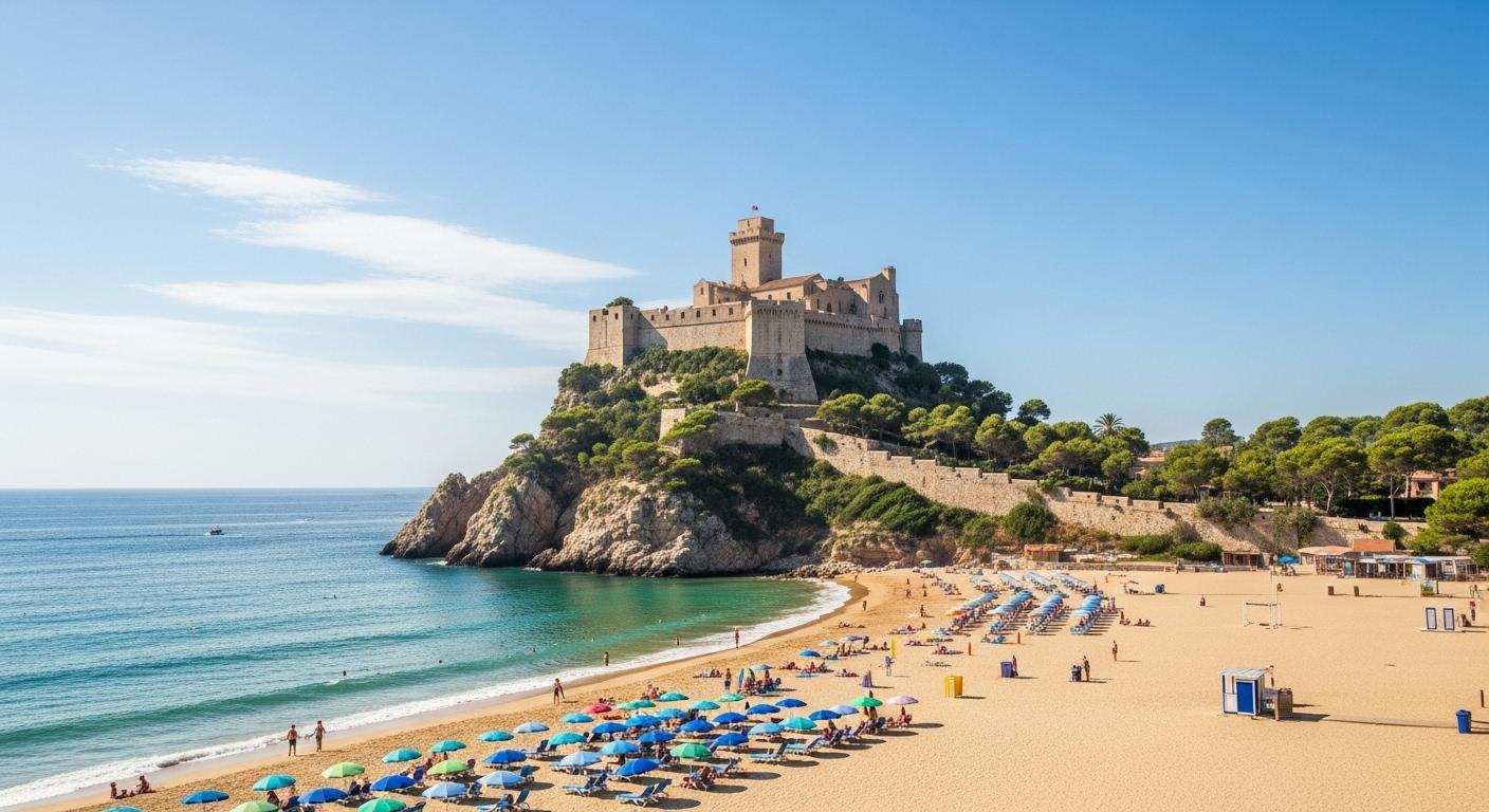 Vue panoramique sur la plage principale et le château d’en Plaja, perché sur un promontoire rocheux, surplombant la mer Méditerranée sous un ciel bleu.
