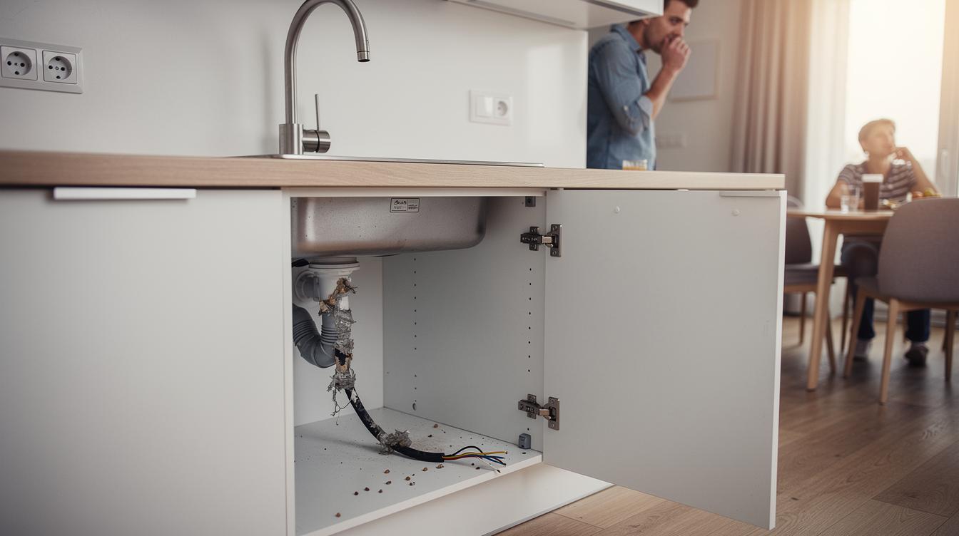 Une cuisine familiale moderne où l'on découvre sous l'évier un câble électrique nettement rongé et quelques crottes de souris, tandis qu'une odeur inhabituelle semble inquiéter les occupants.