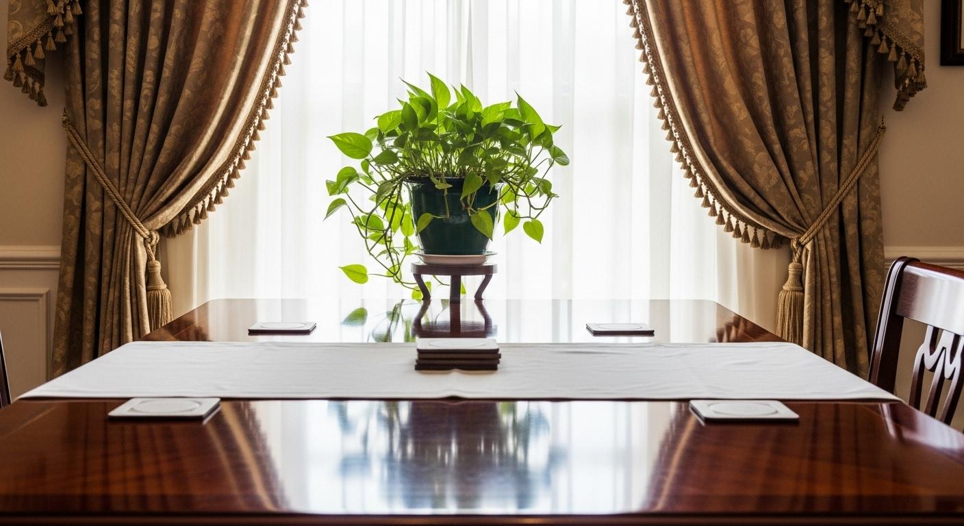 Une table en acajou verni placée devant une fenêtre filtrée par de lourds rideaux, protégée par une nappe blanche et des dessous de verre, avec une plante verte posée sur un support pour éviter tout contact direct.