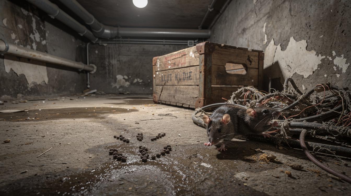 Vue d'une cave sombre à Montreuil, avec un rat qui se faufile près de câbles électriques rongés et des traces d'excréments visibles sur le sol près d'une vieille caisse en bois.