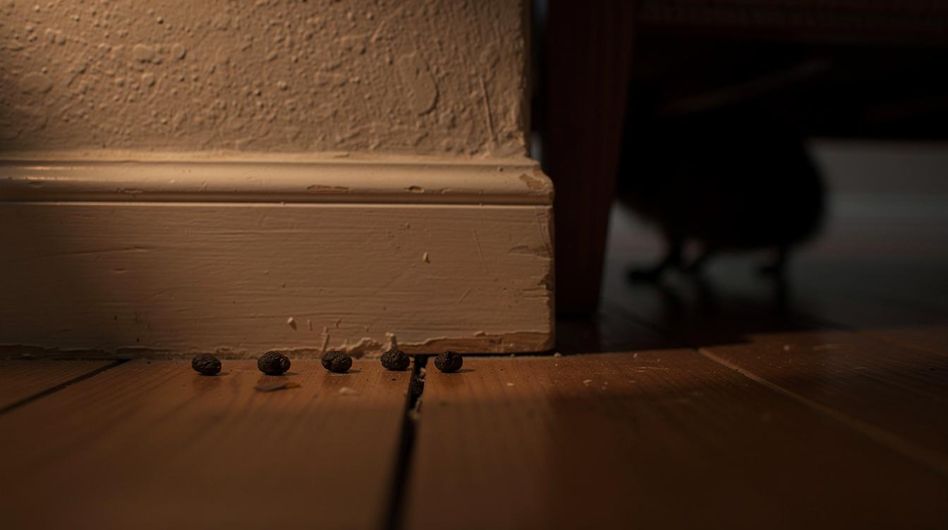 Gros plan sur une plinthe dans un appartement, quelques crottes sombres alignées au sol, une atmosphère tamisée de fin de journée, un léger grattement suggéré sous le parquet, et une ombre fuyante sous un meuble.