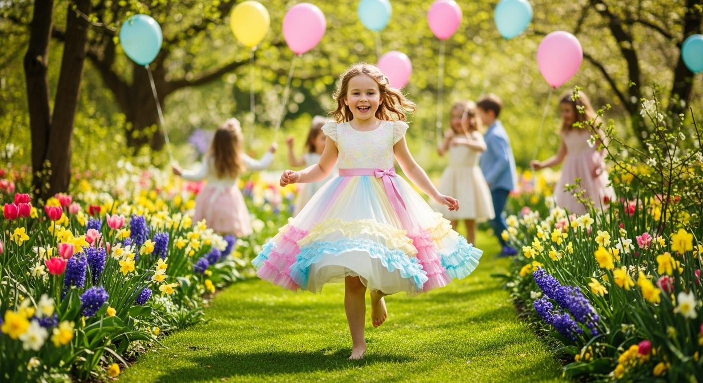 Une fillette souriante en robe de cérémonie pastel, courant pieds nus sur l’herbe d’un jardin fleuri lors d’une fête printanière, entourée de ballons et de rires d’enfants