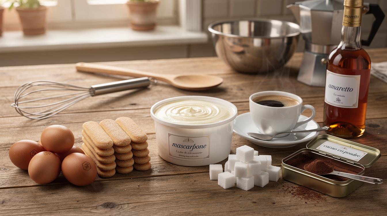 Une table de cuisine avec tous les ingr&eacute;dients traditionnels du tiramisu bien align&eacute;s : mascarpone dans son pot, &oelig;ufs entiers extra-frais, biscuits &agrave; la cuill&egrave;re, un expresso refroidi dans une tasse, du sucre en morceaux, une bouteille d&rsquo;amaretto et une bo&icirc;te de cacao en poudre ; lumi&egrave;re naturelle, ambiance authentique, ustensiles italiens visibles.