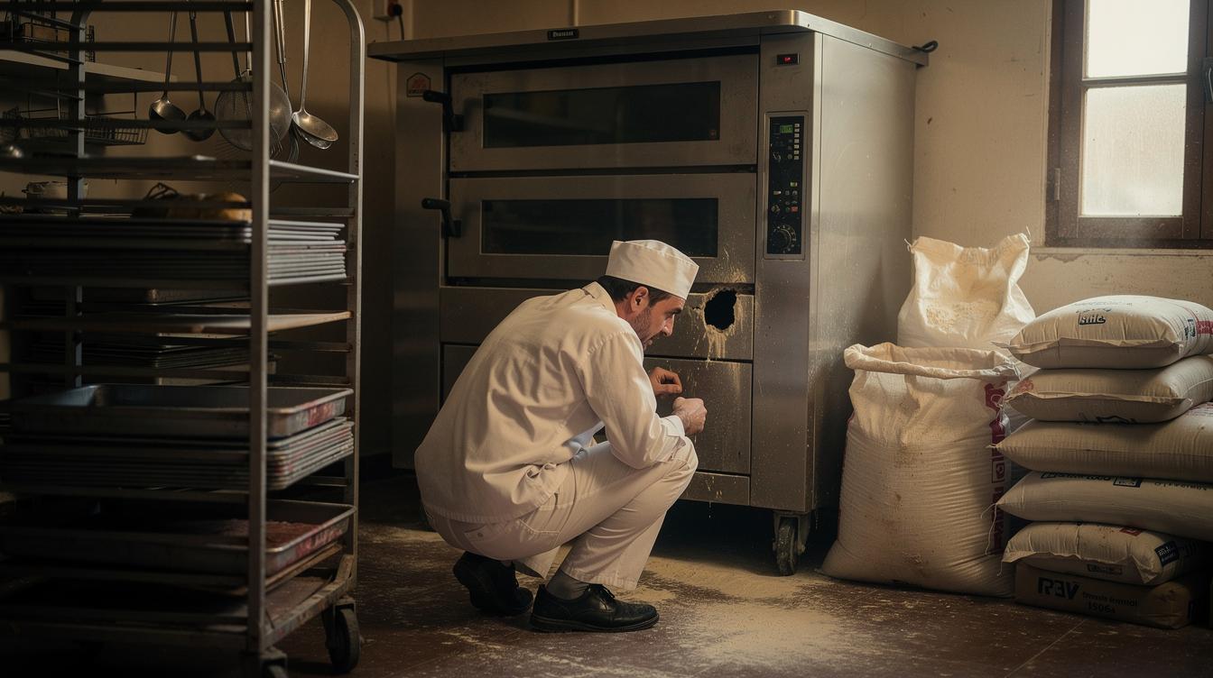 L'arrière-boutique d'une boulangerie, un employé en tenue blanche inspecte un trou visible derrière un four industriel, lumière tamisée, atmosphère attentive, ustensiles et sacs de farine sur le côté, scène de vigilance contre une intrusion de rat.
